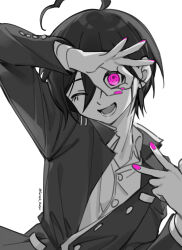 Rule 34 | 1boy, :d, ahoge, artist name, buttons, danganronpa (series), danganronpa v3: killing harmony, dress shirt, ewa (seraphhuiyu), hair between eyes, hand over eye, hand up, highres, lower teeth only, nail polish, ok sign, ok sign over eye, one eye closed, open mouth, partially unbuttoned, pink nails, saihara shuichi, shirt, simple background, smile, solo, spot color, teeth, tongue, upper body, white background
