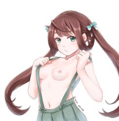 Rule 34 | 10s, 1girl, :t, aqua eyes, asagumo (kancolle), bad id, bad pixiv id, breasts, brown hair, clenched hands, closed mouth, collarbone, disco brando, green eyes, hair between eyes, hair ribbon, highres, kantai collection, long hair, looking at viewer, naked suspenders, navel, nipples, open mouth, pleated skirt, pout, ribbon, simple background, skirt, small breasts, solo, suspender skirt, suspenders, suspenders pull, topless, twintails, twitter username, upper body, white background