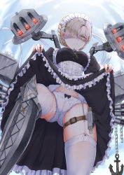 Rule 34 | 1girl, absurdres, anchor, apron, azur lane, blonde hair, blush, braid, breasts, buhualuo, chain, cleft of venus, cross, dress, french braid, frilled apron, frills, garter straps, gradient background, hair over one eye, highres, lifted by self, long sleeves, looking at viewer, maid, maid headdress, panties, shaded face, sheffield (azur lane), short hair, solo, thighhighs, torpedo tubes, turret, underwear, white apron, white panties, white thighhighs, yellow eyes