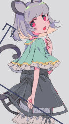 Rule 34 | 1girl, :d, animal ears, aqua capelet, arm behind back, bloomers, busujima (kusahana), capelet, choker, dowsing rod, feet out of frame, finger to own chin, frilled capelet, frills, from behind, from side, grey background, grey choker, grey hair, grey skirt, hand up, highres, holding, index finger raised, looking at viewer, looking back, mouse ears, mouse girl, mouse tail, nazrin, one-hour drawing challenge, open mouth, pink eyes, round teeth, short hair, simple background, skirt, smile, solo, standing, tail, tail raised, tareme, teeth, touhou, underwear, upper teeth only