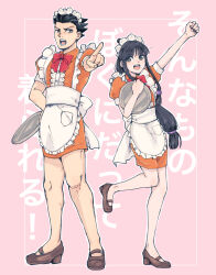 Rule 34 | 1boy, 1girl, ;d, ace attorney, apron, arm up, back bow, black hair, black nails, bow, bowtie, brown eyes, brown footwear, buttons, center frills, collared dress, crossdressing, dress, frilled apron, frills, full body, hand on own hip, high heels, highres, holding, holding tray, kiro iroiro, leg up, legs apart, long hair, looking at viewer, low-tied long hair, low-tied sidelocks, maid, maid apron, maid headdress, male maid, maya fey, one eye closed, open mouth, orange dress, phoenix wright, pink background, pocket, pointing, pointing at viewer, puffy short sleeves, puffy sleeves, red bow, red bowtie, shoes, short dress, short hair, short sleeves, sidelocks, simple background, smile, spiked hair, standing, standing on one leg, topknot, translation request, tray, tres bien maid uniform, very long hair, white apron, white bow