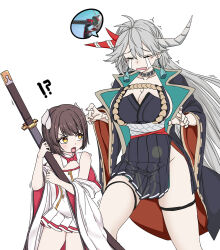 Rule 34 | !?, 2girls, antenna hair, azur lane, black skirt, blunt bangs, breasts, collarbone, commentary request, crying, demon girl, demon horns, detached collar, detached sleeves, earrings, grey hair, hair between eyes, hakuryuu (azur lane), height difference, hiei-chan (azur lane), highres, holding, holding sword, holding weapon, horns, japanese clothes, jewelry, katana, large breasts, long hair, long sleeves, looking at another, multiple girls, hugging object, oni horns, oukama, parted bangs, rope, shimenawa, short hair, side slit, sidelocks, simple background, size difference, skirt, streaming tears, sword, tears, thighlet, weapon, white background, white skirt, wide sleeves