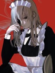 Rule 34 | 1girl, black bow, black choker, black eyes, bow, brown hair, chainsaw man, choker, cigarette, ear piercing, earrings, eyepatch, gloves, highres, inuo (inuo x), jewelry, long hair, maid, maid headdress, mouth hold, piercing, plate, quanxi (chainsaw man), red background, simple background, smoke, smoking, solo, tray, white gloves