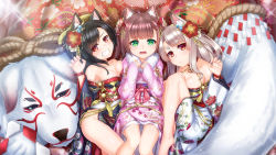 Rule 34 | &gt;:d, 3girls, :d, absurdres, animal ears, azur lane, bare shoulders, black hair, breasts, brown hair, claw pose, cleavage, collar, collarbone, commentary request, dog, dog ears, dog tail, fur collar, girl sandwich, green eyes, grin, hair ornament, highres, japanese clothes, ken ill, kimono, long hair, looking at viewer, lying, medium breasts, multiple girls, obi, off shoulder, on back, on side, open mouth, ponytail, red eyes, sandwiched, sash, shigure (azur lane), shiratsuyu (azur lane), short hair, silver hair, small breasts, smile, tail, thick eyebrows, two side up, v-shaped eyebrows, wide sleeves, yuudachi (azur lane)