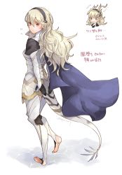 Rule 34 | 1girl, arm behind back, armor, armored leotard, barefoot, black gloves, black hairband, blue cape, cape, corrin (female) (fire emblem), corrin (fire emblem), faulds, fire emblem, fire emblem fates, full body, gloves, hair between eyes, hairband, highres, long hair, looking back, nintendo, pointy ears, red eyes, robaco, sketch, soles, solo, tail, very long hair, walking, white background, white hair