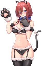 Rule 34 | 1girl, absurdres, animal ears, animal hands, bell, bikini, black bikini, black hairband, black thighhighs, blush, bow, breasts, cat ears, cat tail, cleavage, closed mouth, cowboy shot, fake animal ears, fake tail, fur-trimmed bikini, fur-trimmed legwear, fur trim, garter straps, gloves, go-toubun no hanayome, hair between eyes, hairband, headphones, headphones around neck, highres, jingle bell, long hair, looking at viewer, medium breasts, nakano miku, navel, paw gloves, pigone, purple eyes, red hair, simple background, smile, solo, stomach, swimsuit, tail, tail bow, tail ornament, thigh gap, thighhighs, underboob, white background, white bow