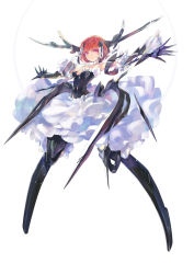 Rule 34 | 1girl, armor, armored dress, bare shoulders, frills, gauntlets, greaves, hair ornament, outstretched arms, pump (pumpqmuq), red eyes, red hair, short hair, simple background, skirt, solo, spread arms, white background