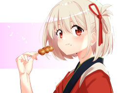 Rule 34 | 1girl, :t, absurdres, ao (flowerclasse), blonde hair, closed mouth, commentary request, eating, food, food on face, hair between eyes, hand up, highres, holding, holding food, japanese clothes, kimono, looking at viewer, lycoris recoil, nishikigi chisato, pink background, red eyes, red kimono, short hair, solo, tasuki, two-tone background, upper body, white background