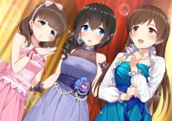 Rule 34 | 3girls, blue eyes, breasts, brown eyes, brown hair, commentary request, dress, drill hair, earrings, fishnet gloves, fishnets, gloves, go-1, hairband, highres, idolmaster, idolmaster cinderella girls, idolmaster cinderella girls starlight stage, jewelry, long hair, looking at another, medium breasts, multiple girls, necklace, nitta minami, open mouth, sagisawa fumika, sakuma mayu, short hair, smile