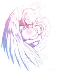 Rule 34 | 1girl, andrea vaeyl, breasts, cleavage, crossed arms, closed eyes, feathered wings, hair over one eye, highres, large breasts, lips, long hair, monochrome, nude, razalor, sketch, solo, symbol, wings