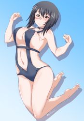 Rule 34 | 1girl, barefoot, black-framed eyewear, black choker, black eyes, black hair, black one-piece swimsuit, blue background, blush, bob cut, bow choker, breasts, choker, closed mouth, clothing cutout, commentary, frown, full body, girls und panzer, gradient background, kawashima momo, large breasts, legs up, looking at viewer, monocle, navel, navel cutout, one-hour drawing challenge, one-piece swimsuit, semi-rimless eyewear, shadow, short hair, skindentation, solo, standing, swimsuit, twitter username, under-rim eyewear, w arms, yts takana