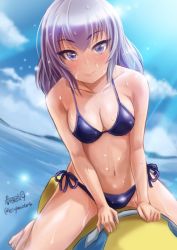Rule 34 | 10s, 1girl, arm support, artist name, bikini, blue bikini, blue eyes, breasts, cleavage, cloud, cloudy sky, day, dutch angle, girls und panzer, haruhata mutsuki, inflatable toy, itsumi erika, long hair, looking at viewer, medium breasts, ocean, outdoors, side-tie bikini bottom, signature, silver hair, sitting, sky, smile, solo, sunlight, swimsuit, twitter username, wet