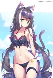 Rule 34 | 1girl, animal ear fluff, animal ears, artist name, bare shoulders, bikini, black bikini, black hair, blue sky, blush, breasts, cat ears, cat girl, cat tail, closed mouth, cloud, commentary request, day, eyewear on head, front-tie bikini top, front-tie top, gluteal fold, green eyes, groin, hair between eyes, hong (white spider), horizon, jacket, karyl (princess connect!), karyl (summer) (princess connect!), looking at viewer, low twintails, medium breasts, multicolored hair, navel, ocean, princess connect!, purple jacket, signature, sky, solo, streaked hair, sunglasses, swimsuit, tail, thigh gap, thigh strap, twintails, undressing, water, wet, wet hair, white hair