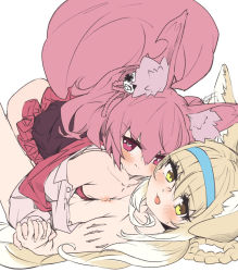 Rule 34 | 2girls, animal ear fluff, animal ears, arknights, blonde hair, blue headwear, breast press, commentary, flat chest, fox ears, fox girl, fox tail, hair between eyes, hair ornament, hairband, heart, heart-shaped pupils, holding hands, hole in ears, interlocked fingers, looking at viewer, material growth, multiple girls, nipples, open clothes, open shirt, oripathy lesion (arknights), pink eyes, pink hair, seto tinami, shamare (arknights), suzuran (arknights), symbol-shaped pupils, symmetrical docking, tail, yellow eyes