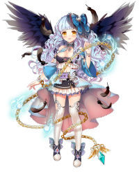 Rule 34 | 1girl, bare shoulders, blue dress, blue hair, blue ribbon, blunt bangs, bracelet, chain, choker, curly hair, dress, feathered wings, frilled skirt, frills, full body, hair ribbon, highres, jewelry, long hair, looking at viewer, miemia, parted lips, ribbon, royal flush heroes, shoes, simple background, skirt, smile, solo, spread wings, standing, thighhighs, white background, white thighhighs, wings, yellow eyes