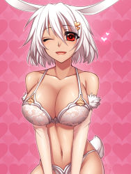 Rule 34 | 1girl, :d, animal ears, bare shoulders, bra, breasts, cleavage, commentary request, hair between eyes, hair ornament, heart, heart background, heart hair ornament, konshin, large breasts, looking at viewer, navel, one eye closed, open mouth, original, panties, pink background, rabbit ears, rabbit tail, red eyes, short hair, smile, solo, tail, underwear, white bra, white hair, white panties