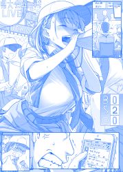 Rule 34 | ^ ^, ai-chan (tawawa), anger vein, baseball cap, blue theme, blush, braid, breasts, cellphone, cheering, clenched teeth, closed eyes, clothes around waist, collared shirt, comic, commentary request, closed eyes, faceless, faceless male, flying sweatdrops, getsuyoubi no tawawa, grin, hat, himura kiseki, iphone, jacket, jacket around waist, large breasts, megaphone, monochrome, necktie, open mouth, original, phone, pleated skirt, shirt, short hair, side braid, silent comic, skirt, sleeves rolled up, smartphone, smile, sweat, sweatdrop, teeth, towel, towel around neck, trembling, twitter, vest