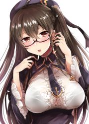 Rule 34 | 1girl, :d, ahoge, anchor earrings, anchor symbol, azur lane, beret, black bra, blush, bra, bra visible through clothes, breasts, brown hair, collared jacket, commentary, earrings, framed breasts, glasses, hands up, hat, head tilt, highres, jacket, jewelry, london (azur lane), london (retrofit) (azur lane), long hair, looking at viewer, mikumo shinden, multiple piercings, necktie, open mouth, purple hat, purple jacket, red-framed eyewear, red eyes, retrofit (azur lane), see-through, semi-rimless eyewear, shirt, shrug (clothing), smile, solo, two side up, under-rim eyewear, underwear, upper body, white shirt