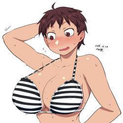 Rule 34 | 1girl, ahoge, arm behind head, bikini, blush, breasts, brown eyes, brown hair, dated, embarrassed, flying sweatdrops, huge breasts, looking down, nervous smile, nose blush, original, short hair, signature, simple background, smile, solo, striped bikini, striped clothes, sweat, swimsuit, tsukudani (coke-buta), upper body, white background