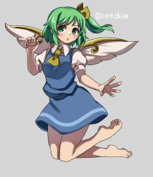 Rule 34 | 1girl, :o, ascot, bare legs, barefoot, blue skirt, blue vest, blush, breasts, collared shirt, daiyousei, fairy wings, full body, green eyes, green hair, grey background, hair ribbon, highres, legs up, one-hour drawing challenge, open mouth, puffy short sleeves, puffy sleeves, renshirenji, ribbon, shirt, short hair, short sleeves, side ponytail, skirt, small breasts, solo, thighs, touhou, vest, white shirt, wings, yellow ascot, yellow ribbon