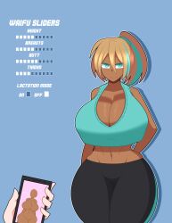 Rule 34 | 1girl, blonde hair, blue background, breasts, cleavage, dark-skinned female, dark skin, duskyer, english text, female focus, green eyes, green hair, highres, holding, holding phone, huge breasts, looking at viewer, midriff, offscreen person, original, outline, pants, phone, side ponytail, smile, solo, thick thighs, thighs, white outline, wide hips, yoga pants