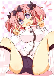 Rule 34 | + +, 10s, 1girl, :d, blue eyes, bow, breasts, checkered background, double v, hair bow, hibari (senran kagura), highres, jacket, large breasts, open mouth, pink hair, senran kagura, shirogane (platinum), short twintails, smile, solo, spread legs, symbol-shaped pupils, track jacket, twintails, v, zipper