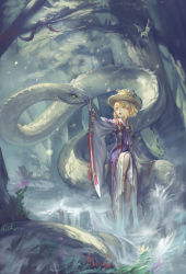 Rule 34 | 1girl, adapted costume, alcd, bird, blonde hair, branch, breasts, bug, butterfly, dated, detached sleeves, embellished costume, female focus, flower, hat, highres, bug, mishaguji, moriya suwako, nature, open mouth, headpat, signature, sitting, small breasts, snake, solo, stream, touhou, tree, water, wet, wet clothes, white snake, yellow eyes