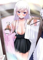 Rule 34 | 1girl, absurdres, alternate costume, azur lane, bare shoulders, belfast (azur lane), blurry, blush, braid, breasts, c:, cleavage, clothes hanger, collarbone, commentary request, contemporary, depth of field, dual wielding, eyes visible through hair, highres, holding, huge filesize, large breasts, letter, long hair, looking away, love letter, marumai, mirror, pajamas, purple eyes, reflection, sidelocks, single braid, smile, solo, spaghetti strap, white hair