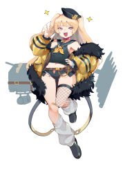 Rule 34 | 1girl, :3, absurdres, azur lane, bache (azur lane), bad id, bad pixiv id, bandaid, bandaid on knee, bandaid on leg, belt, black sailor collar, blonde hair, bobby36446329, collar, cutoffs, fang, fishnet thighhighs, fishnets, full body, fur-trimmed jacket, fur trim, hat, highres, jacket, looking at viewer, loose socks, micro shorts, midriff, navel, ok sign, open clothes, open shorts, pink collar, purple eyes, ribbed legwear, sailor collar, shorts, simple background, single thighhigh, socks, solo, sparkle, thighhighs, twintails, white background, wide hips, yellow jacket