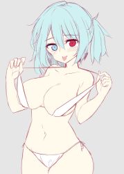 Rule 34 | 1girl, :p, alternate hairstyle, bare legs, bare shoulders, bikini, blue eyes, blue hair, blush, breasts, collarbone, commentary request, cowboy shot, flat color, grey background, groin, hair between eyes, half updo, halterneck, hands up, head tilt, heterochromia, large breasts, looking at viewer, maturiuta sorato, navel, red eyes, short hair, side-tie bikini bottom, simple background, sketch, solo, standing, stomach, strap pull, swimsuit, tatara kogasa, tongue, tongue out, touhou, unfinished, white bikini