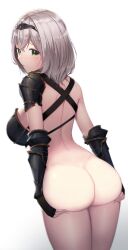 Rule 34 | 1girl, :o, armor, ass, ass support, back, black armor, black gloves, blush, boobplate, bottomless, breastplate, breasts, fingerless gloves, from behind, gloves, green eyes, grey hair, highres, hololive, jungki dr, large breasts, looking at viewer, looking back, medium hair, open mouth, shirogane noel, shirogane noel (1st costume), shoulder armor, simple background, single bare shoulder, solo, virtual youtuber