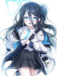 Rule 34 | 1girl, absurdres, aris (blue archive), blue archive, blue eyes, blue hair, blush, commentary request, dark blue hair, hair between eyes, halo, headband, highres, huge filesize, ia (ia ju72), jacket, long hair, long hair between eyes, looking at viewer, necktie, open mouth, school uniform, simple background, solo, white background