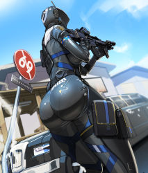 Rule 34 | 1girl, absurdres, ass, ass focus, belt, blue sky, bodysuit, breasts, cuffs, day, gun, handcuffs, helmet, highres, holding, holding gun, holding weapon, house, huge ass, large breasts, limousine, nisetanaka, original, outdoors, police, pouch, rifle, road, road sign, science fiction, sign, sky, solo, street, thigh pouch, thighs, weapon