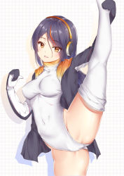 Rule 34 | 10s, 1girl, bad id, bad pixiv id, black hair, breasts, brown eyes, covered navel, elleco (bcf159), emperor penguin (kemono friends), headphones, highleg, highres, jacket, kemono friends, leg lift, leotard, long hair, looking at viewer, multicolored hair, open clothes, orange hair, parted lips, smile, solo, split, spread legs, standing, standing on one leg, standing split, thighhighs, white leotard, white thighhighs