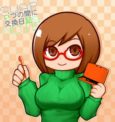 Rule 34 | 1girl, bilingual, breasts, brown eyes, brown hair, checkered background, copyright name, envelope, glasses, green shirt, handheld game console, large breasts, mixed-language text, nikki (swapnote), nintendo, nintendo 3ds, nintendo 3ds ll, outline, red-framed eyewear, ribbed sweater, shirt, smile, solo, stylus, swapnote, sweater, tasogare yanio, tasoyani, turtleneck