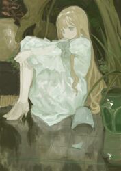 Rule 34 | 1girl, absurdres, artist name, blonde hair, bow, broken vase, chisato charme, closed mouth, commentary request, crying, crying with eyes open, dress, empty eyes, from side, grey bow, grey dress, grey eyes, grey footwear, high heels, highres, knees up, lace-trimmed sleeves, lace trim, legs together, long hair, long sleeves, looking ahead, original, outstretched arms, own hands together, pantyhose, plant, reflective floor, sidelocks, sitting, sleeve bow, solo, tears, tile floor, tiles, white pantyhose