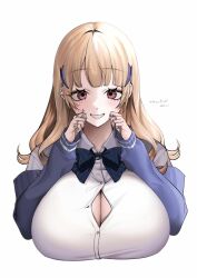 Rule 34 | 1girl, blonde hair, blue bow, blue bowtie, blue jacket, bow, bowtie, breasts, brown eyes, claw ring, cleavage, collared shirt, cropped torso, ear piercing, goddess of victory: nikke, grin, hair ornament, highres, huge breasts, jacket, jewelry, light blush, long hair, mole, mole under eye, multiple rings, off-shoulder jacket, off shoulder, partially unbuttoned, piercing, ring, shirt, simple background, smile, solo, tia (nikke), white background, white shirt, ymr yamero