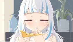 Rule 34 | 1girl, ahoge, bath, bathing, bathtub, blue hair, blue nails, closed eyes, eating, finger in own mouth, food, gawr gura, holding, holding food, holding pizza, hololive, hololive english, index finger raised, indoors, long hair, multicolored hair, nude, partially submerged, pizza, pizza slice, plant, shark girl, solo, streaked hair, tenroy, virtual youtuber, white hair