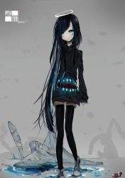 Rule 34 | 1girl, absurdres, bad id, bad twitter id, bandaid, black hair, black pantyhose, black sweater, blue eyes, blue hair, chromatic aberration, closed mouth, extra mouth, full body, grey background, highres, long hair, looking at viewer, muki, multicolored hair, original, pantyhose, shoes, short shorts, shorts, sleeves past wrists, solo, standing, stuffed animal, stuffed rabbit, stuffed toy, sweater, teeth, turtleneck, turtleneck sweater, two-tone hair, uosaki (muki), very long hair
