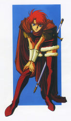 Rule 34 | 1990s (style), 1girl, blue eyes, boots, brooch, cape, full body, fur trim, hands on own knees, highres, hunched over, jewelry, official art, record of lodoss war, red footwear, retro artstyle, sheath, sheathed, shiris (lodoss), solo, sword, thigh boots, thighhighs, v arms, vambraces, weapon, yuuki nobuteru