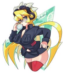 Rule 34 | 184nx, 1girl, adjusting eyewear, alternate color, alternate costume, blonde hair, breasts, blowing bubbles, chewing gum, cleavage, cowboy shot, fukua (skullgirls), glasses, goggles, goggles on head, headphones, highres, large breasts, necktie, pleated skirt, school uniform, skirt, skullgirls, solo, thick thighs, thighhighs, thighs, yellow eyes