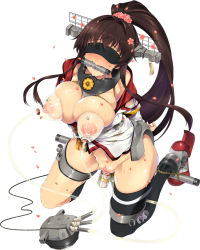 Rule 34 | 10s, 1girl, anal, anal object insertion, arms behind back, asymmetrical legwear, bare shoulders, bdsm, bit gag, black legwear, blindfold, blush, bondage, bottomless, bound, bound ankles, bound arms, breast bondage, breasts, brown hair, censored, cherry blossoms, convenient censoring, deep skin, detached sleeves, dildo, drooling, facing viewer, fat mons, female focus, gag, gagged, huge breasts, kantai collection, kneeling, lactation, large areolae, long hair, milking machine, mizuki makoto, nipples, object insertion, ponytail, puffy nipples, pussy, pussy juice, rope, saliva, sex toy, shibari, simple background, solo, spreader bar, sweat, uneven legwear, yamato (kancolle)