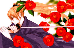 Rule 34 | 1girl, camellia, flower, hairband, japanese clothes, line (veritatis), orange hair, red eyes, solo, sword, weapon