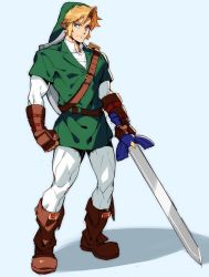 Rule 34 | 1boy, aged up, biceps, blonde hair, blue eyes, boots, clenched hand, coat, collared shirt, gauntlets, gloves, hat, highres, leather, leather belt, leather boots, leather gloves, link, long hair, looking at viewer, male focus, manly, master sword, mature male, muscular, muscular male, na insoo, nintendo, pointy ears, pointy hat, scabbard, shadow, sheath, shield, shirt, simple background, smile, solo, sword, the legend of zelda, the legend of zelda: ocarina of time, thick thighs, thighs, weapon, white background