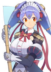 Rule 34 | 1girl, absurdres, android, apron, breasts, highres, joints, large breasts, maid, maid apron, maid headdress, mechanical parts, medaman, poppi (xenoblade), poppi qt (xenoblade), purple hair, red eyes, robot ears, robot joints, simple background, solo, white apron, white background, xenoblade chronicles (series), xenoblade chronicles 2