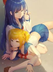 Rule 34 | 10s, 2girls, arm support, artist name, blue eyes, blue hair, blue sailor collar, blue skirt, brown eyes, closed mouth, commentary request, fingernails, hair ornament, hair scrunchie, highres, kneehighs, long hair, long sleeves, looking at viewer, lying, multiple girls, on stomach, pipimi, pleated skirt, poptepipic, popuko, runamochi, sailor collar, school uniform, scrunchie, serafuku, shirt, short twintails, skirt, sleeves past wrists, smile, socks, twintails, v-shaped eyebrows, very long hair, white legwear, white shirt, yellow eyes, yellow skirt