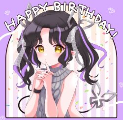 Rule 34 | 1girl, absurdres, aran sweater, black hair, blush, bow, breasts, cable knit, closed mouth, commentary request, confetti, demon girl, demon horns, demon tail, diamond (gemstone), dress, expressionless, hair bow, halterneck, happy birthday, highres, horns, jewelry, kino haruc, kojo anna, kojo anna (3rd costume), long hair, looking at viewer, meme attire, multicolored hair, nanashi inc., official alternate costume, pointy ears, purple background, purple hair, ribbed sweater, ring, sideboob, small breasts, solo, striped, striped background, sweater, sweater dress, tail, turtleneck, turtleneck sweater, twintails, two-tone hair, upper body, virgin killer sweater, virtual youtuber, white bow, wristband, yellow eyes