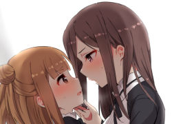 Rule 34 | 2girls, bad id, bad pixiv id, beatrice (princess principal), blush, brown eyes, brown hair, dorothy (princess principal), from side, grabbing another&#039;s chin, hand on another&#039;s chin, imminent kiss, long hair, looking at another, multiple girls, open mouth, princess principal, profile, purple eyes, school uniform, simple background, sorimachi-doufu, sweatdrop, upper body, white background, yuri