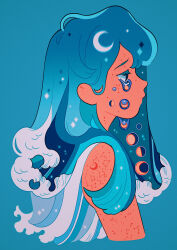 Rule 34 | 1girl, absurdres, blue background, blue hair, constellation, crescent moon, cropped torso, crying, crying with eyes open, full moon, gibbous moon, half moon, highres, liquid, liquid hair, long hair, meyoco, moon, moon phases, original, profile, simple background, solo, sparkle, star (sky), tears, upper body