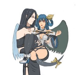 Rule 34 | ass, black legwear, blue hair, breasts, carrying, cleavage, dizzy (guilty gear), guilty gear, guilty gear xrd, guilty gear xx, highres, large breasts, moontears, bad tag, princess carry, red eyes, smile, testament (guilty gear), thighhighs, twintails